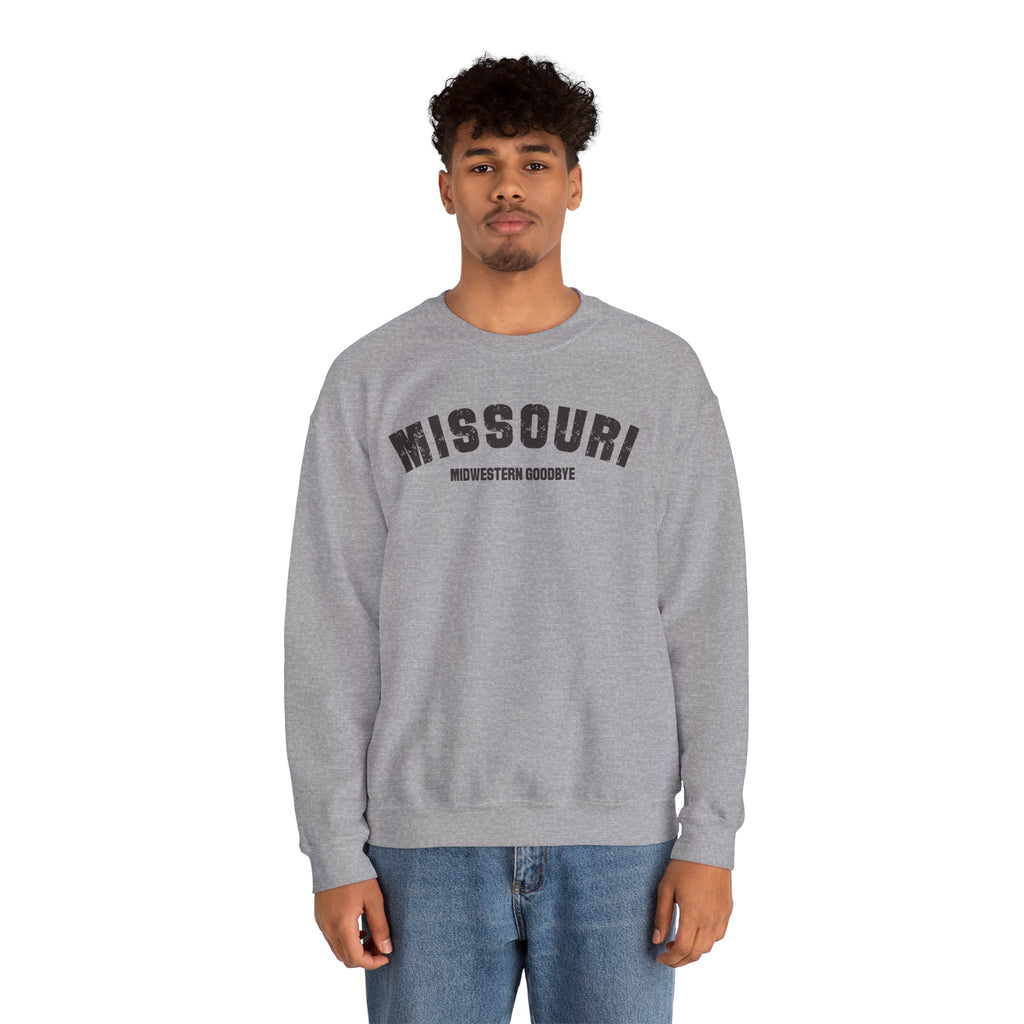 Man wearing the sport grey Missouri crewneck, varsity MISSOURI over the phrase MIDWESTERN GOODBYE