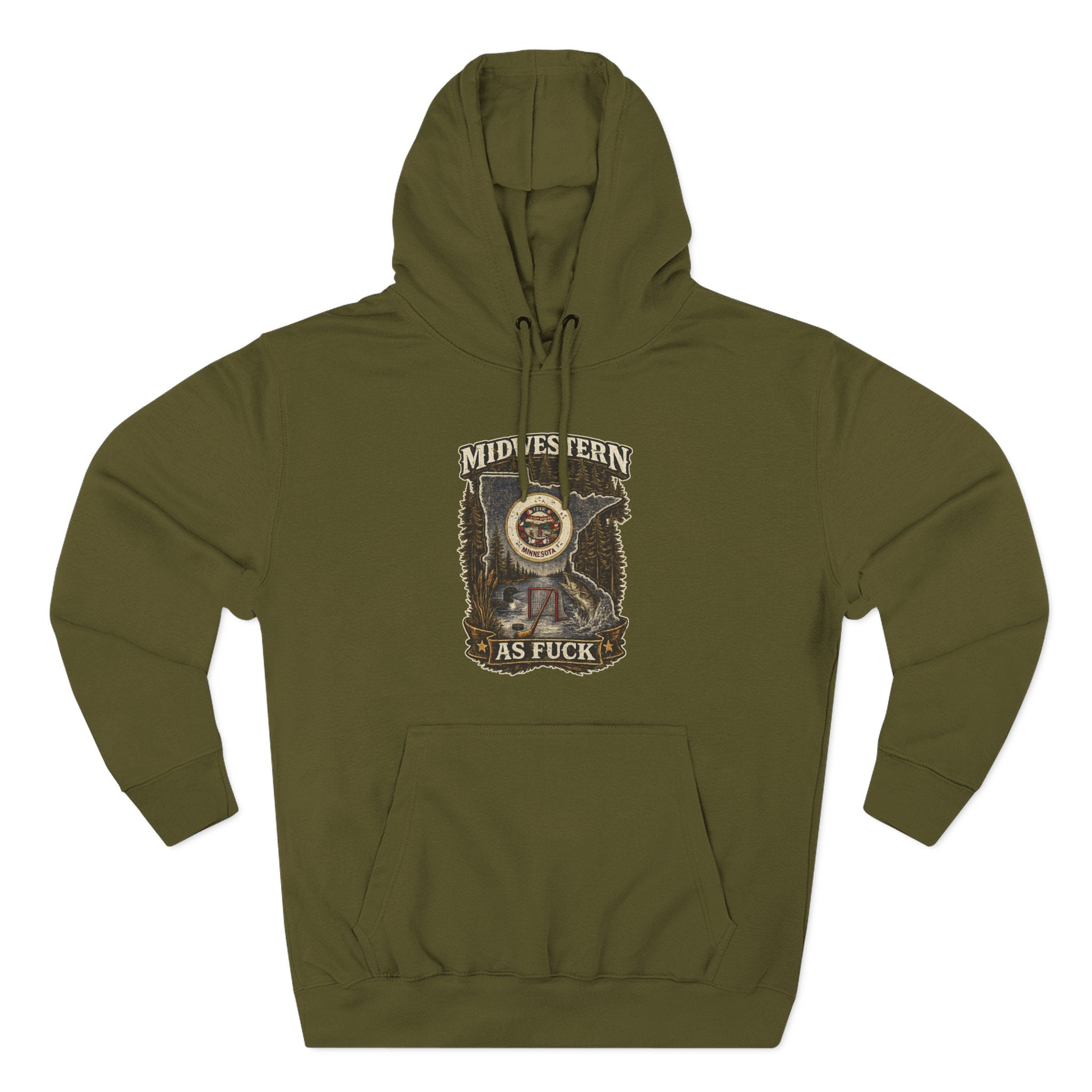 No Filter Midwestern As Fuck Minnesota Hoodie in Army Green – distressed Minnesota state flag design with pine trees, loon and walleye