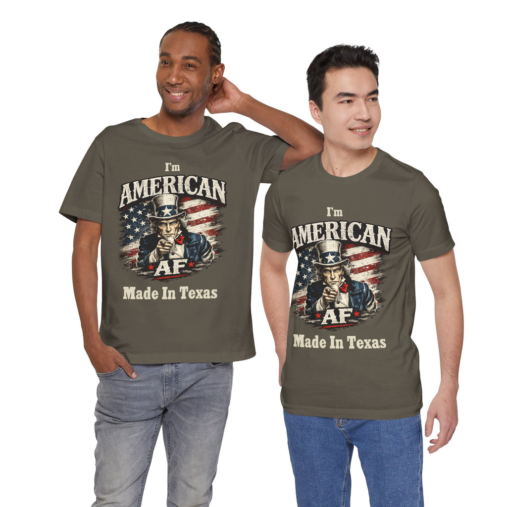 Two male models side by side in army green tees, each wearing the Uncle Sam AF Made In Texas graphic.