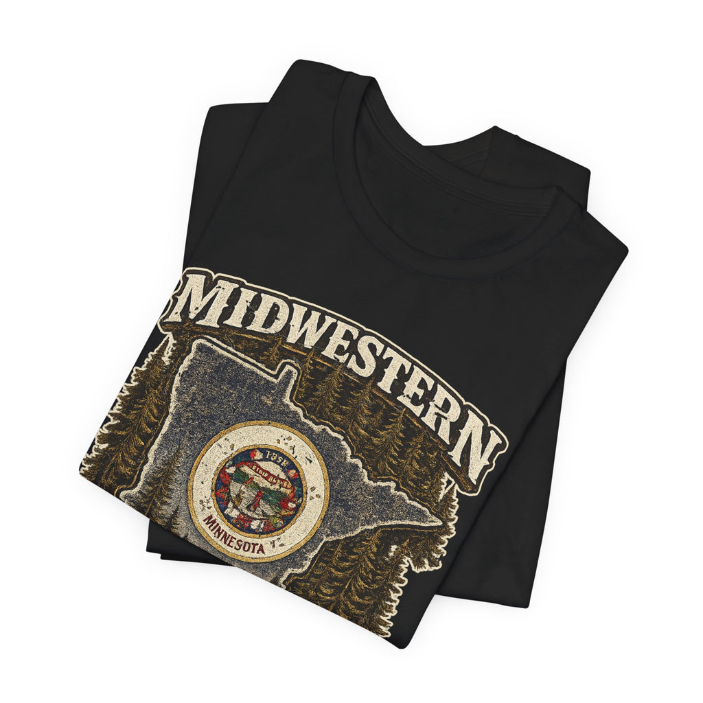 Slightly Salty Midwestern As F**K Minnesota T-Shirt – product photo 7 featuring the distressed state flag, pine trees, loon and walleye design