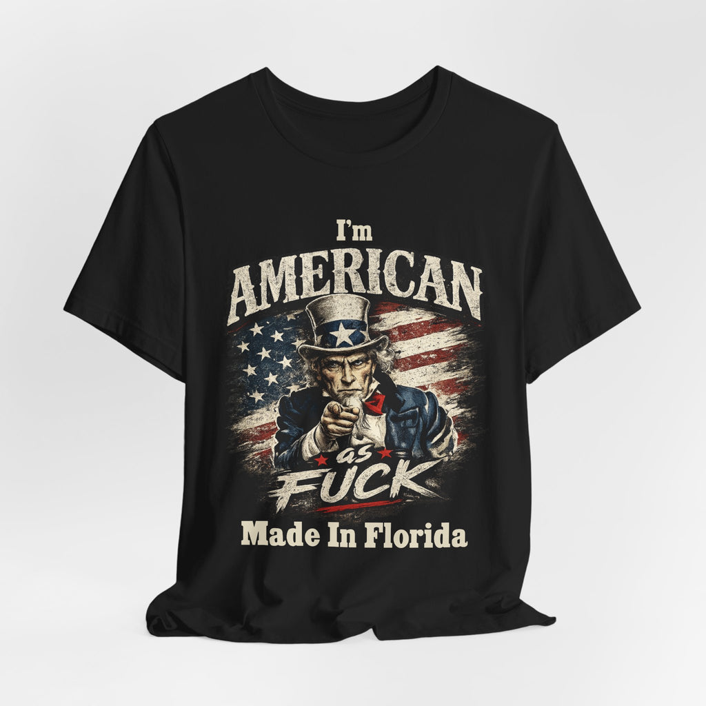 Black t-shirt laid flat with relaxed wrinkles, featuring the full Uncle Sam graphic