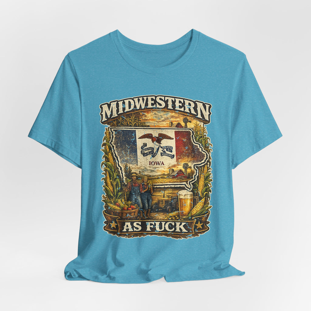 Midwestern As Fuck Iowa T-Shirt – product photo 13 featuring a distressed vintage design featuring the outline of Iowa overlaid with the Iowa state flag, surrounded by towering corn stalks, rolling farmland, a classic red barn, a windmill, a tractor, and an overflowing harvest basket