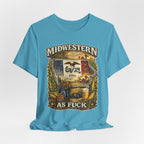 Midwestern As Fuck Iowa T-Shirt – product photo 13 featuring a distressed vintage design featuring the outline of Iowa overlaid with the Iowa state flag, surrounded by towering corn stalks, rolling farmland, a classic red barn, a windmill, a tractor, and an overflowing harvest basket