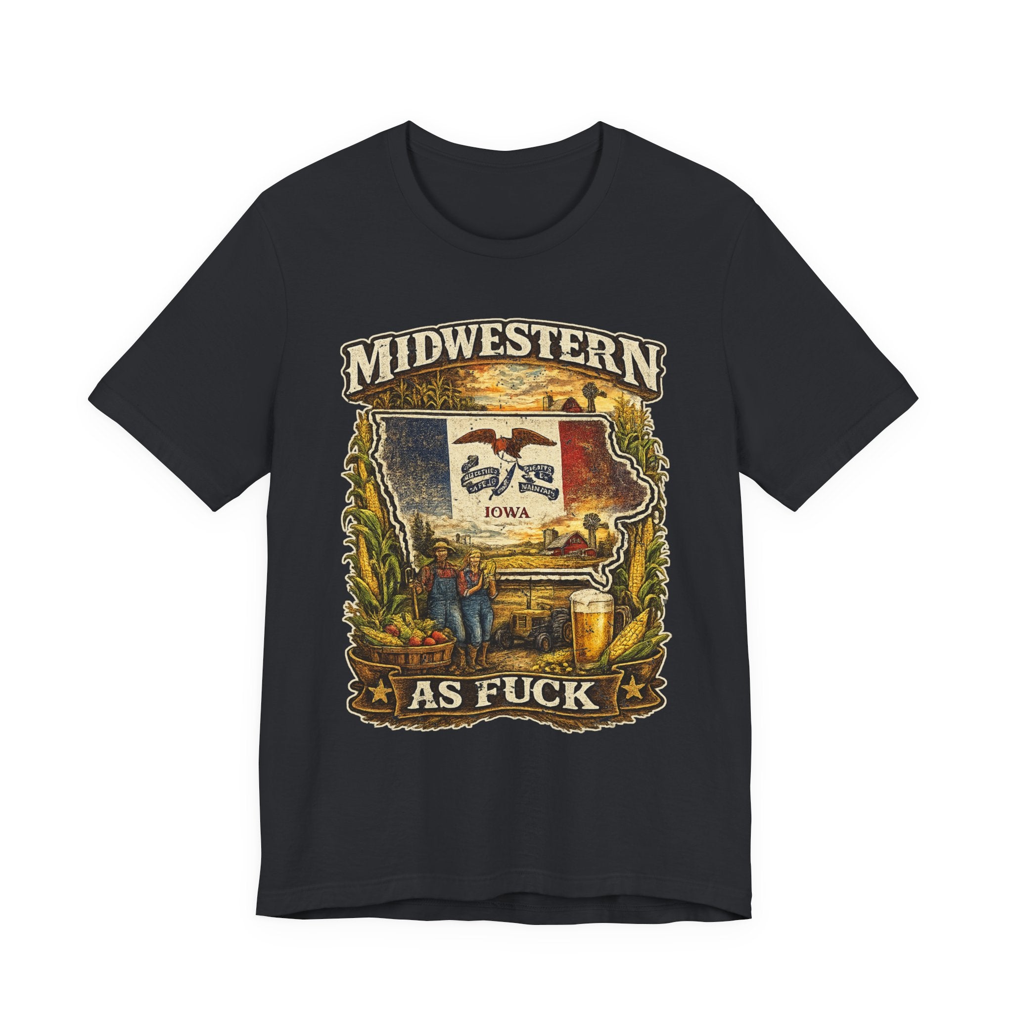 Midwestern As Fuck Iowa T-Shirt in Vintage Black – a distressed vintage design featuring the outline of Iowa overlaid with the Iowa state flag, surrounded by towering corn stalks, rolling farmland, a classic red barn, a windmill, a tractor, and an overflowing harvest basket