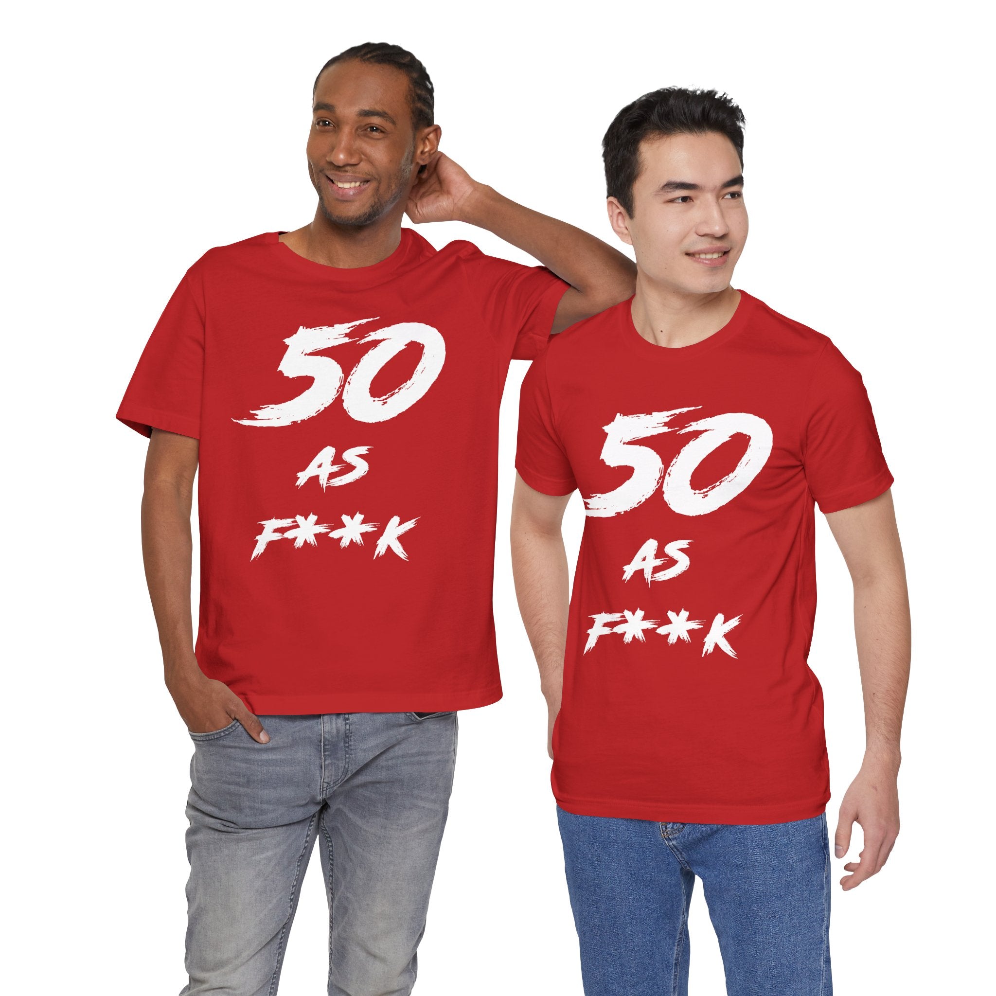 Two men standing together in red 50 AS F**K birthday t-shirts