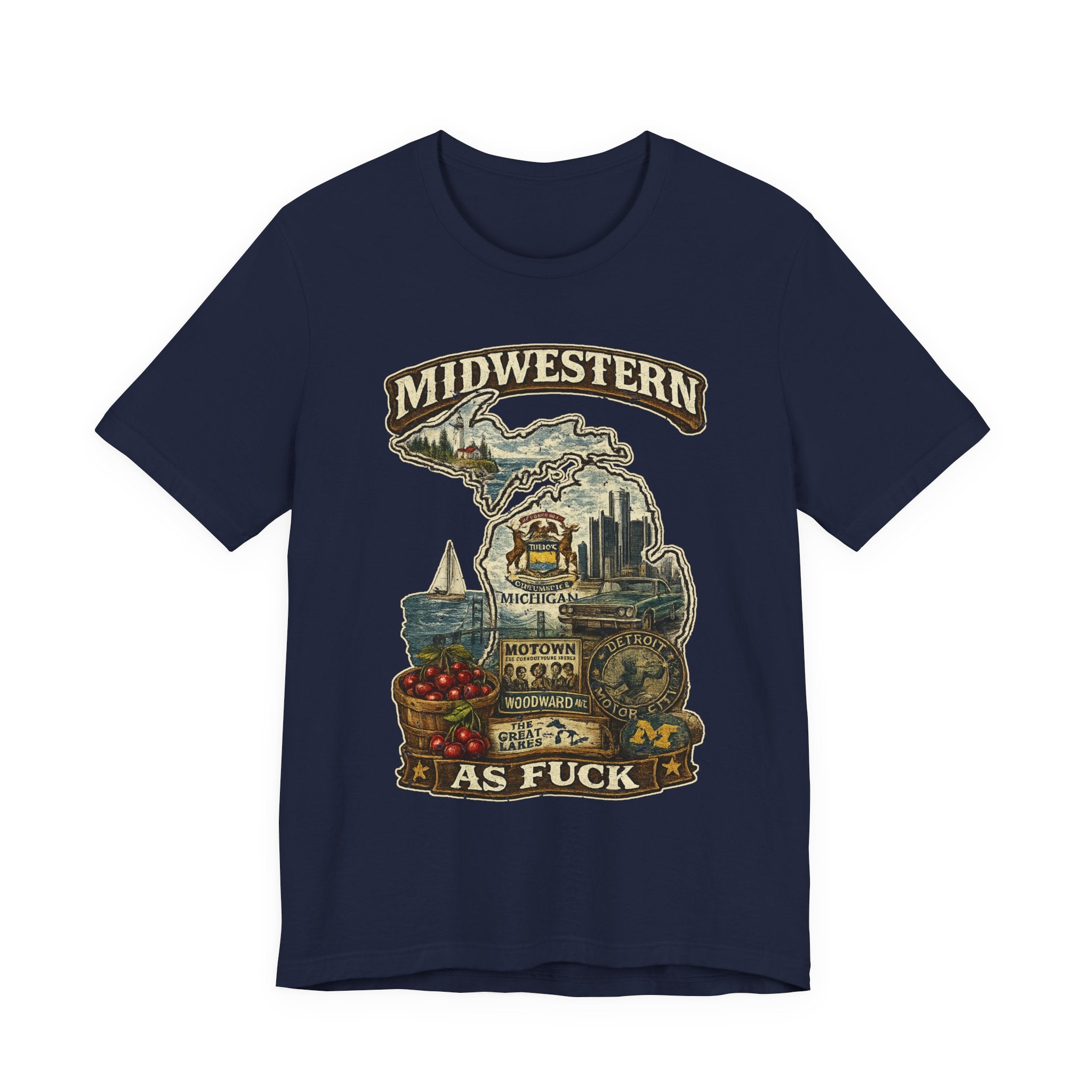 Midwestern As Fuck Michigan T-Shirt in Navy – a distressed vintage design featuring Michigan's Upper and Lower Peninsulas overlaid with the state outline, surrounded by Detroit's skyline, Woodward Avenue, the Great Lakes, and Traverse City cherries
