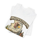 Midwestern As Fuck Illinois T-Shirt – product photo 21 featuring a distressed vintage design featuring the Illinois state outline overlaid with the state flag, surrounded by the Chicago skyline, the Chicago Theatre sign, The Bean, deep-dish pizza, a Chicago-style hot dog, and towering corn fields
