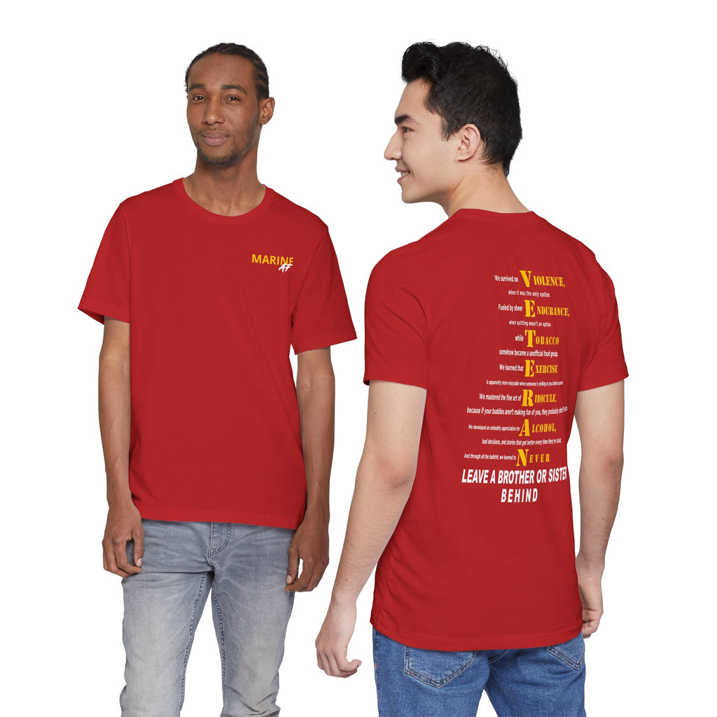 Two men wearing the personalized Marine Corps veteran T-shirt in Red, showing the front and back prints