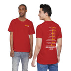 Two men wearing the personalized Marine Corps veteran T-shirt in Red, showing the front and back prints