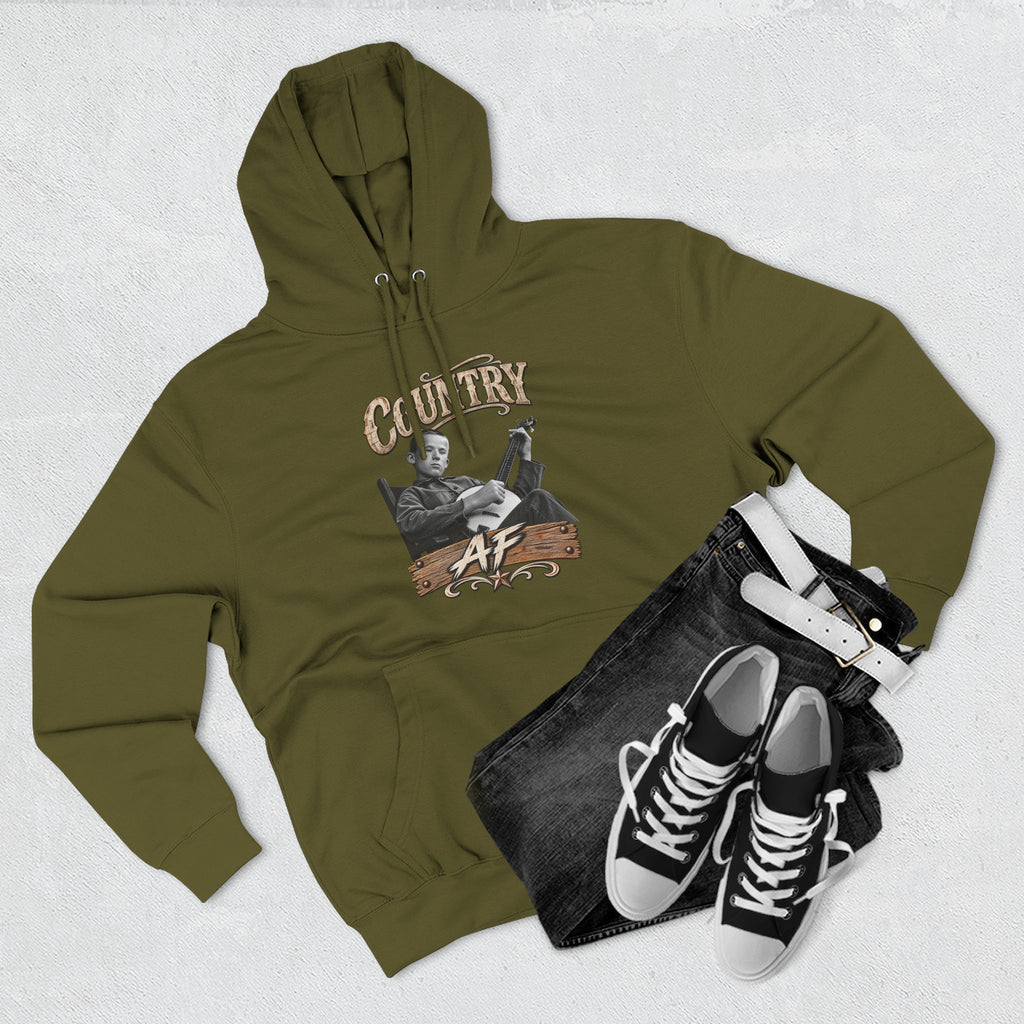 Army Green Country AF hoodie styled flat with black high-top sneakers