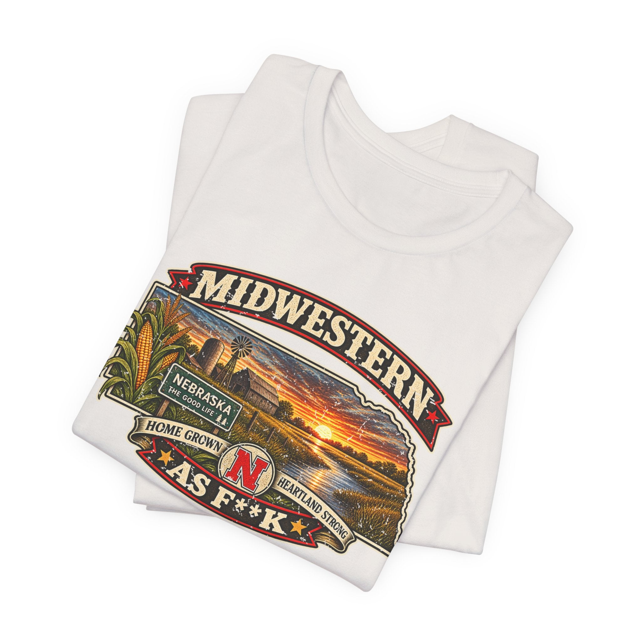 Folded natural Nebraska As F**K tee, close on The Good Life sign and red N crest