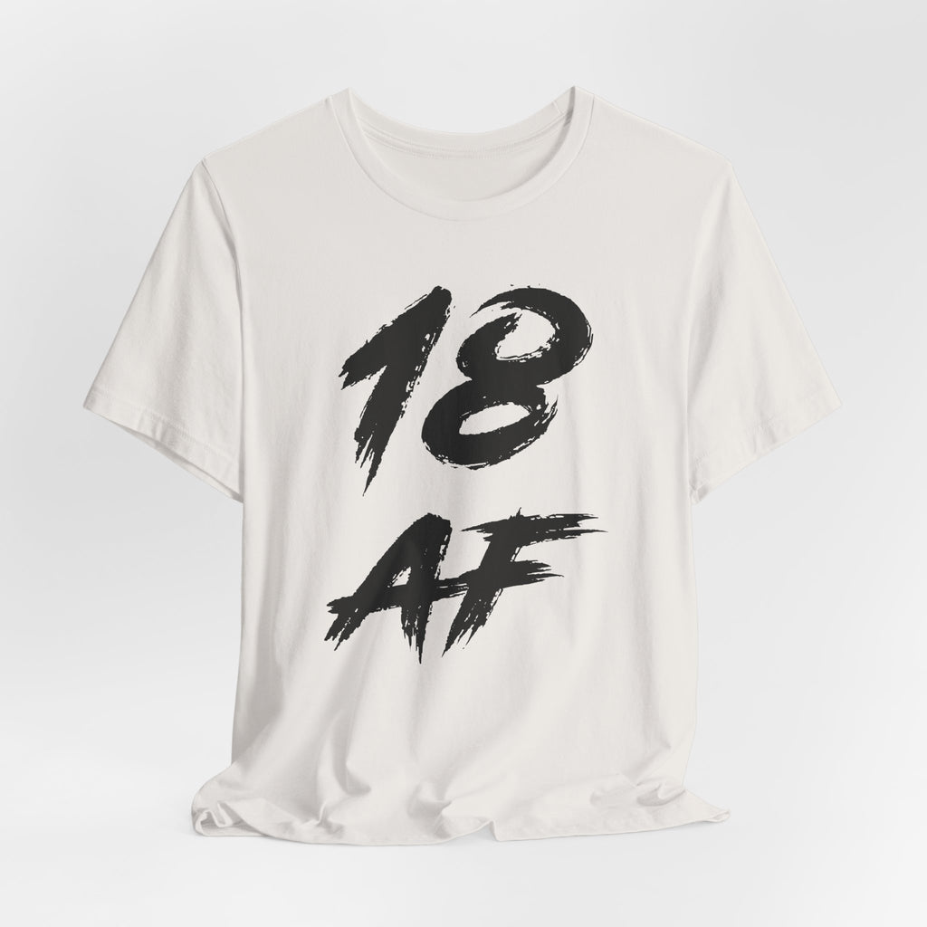Vintage White birthday t-shirt laid flat with the black 18 AF brush lettering