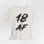 Vintage White birthday t-shirt laid flat with the black 18 AF brush lettering