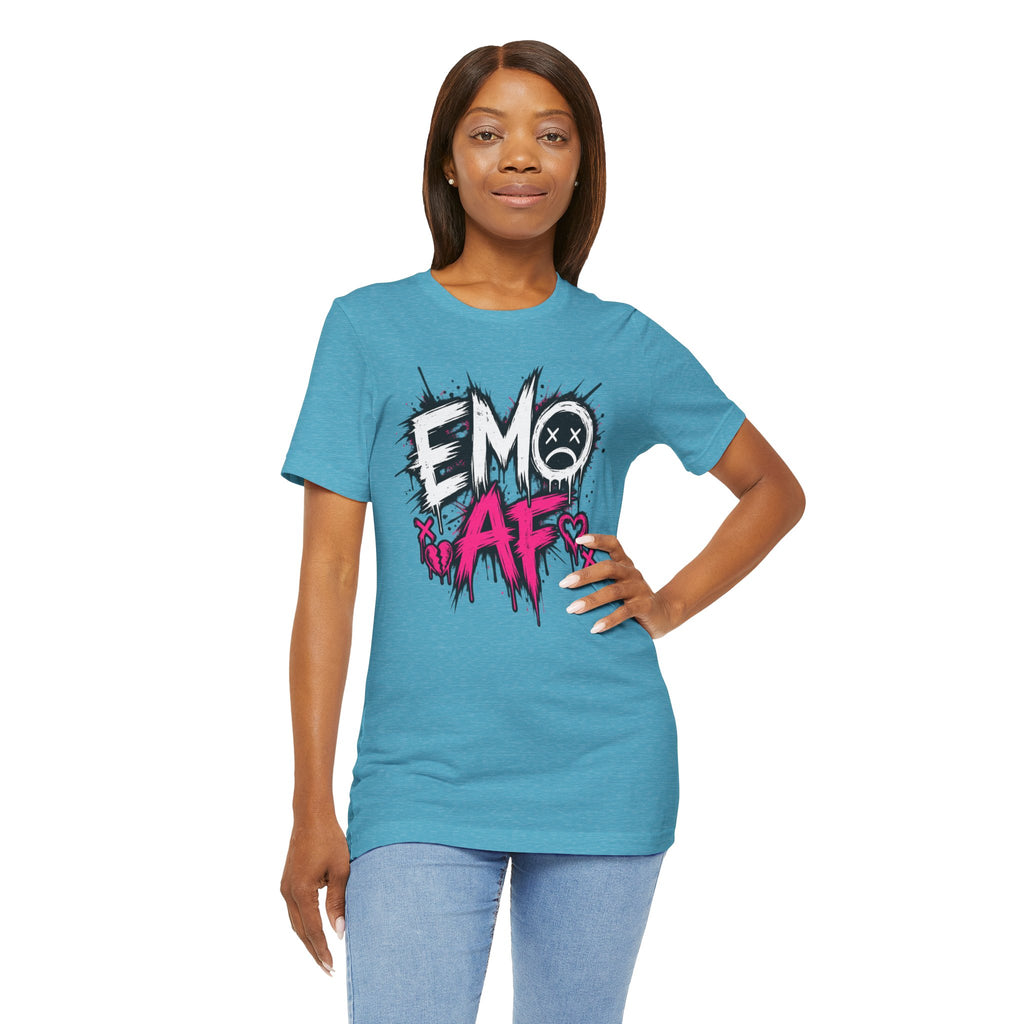 Second model wearing the Heather Aqua EMO AF T-Shirt, front graphic shown