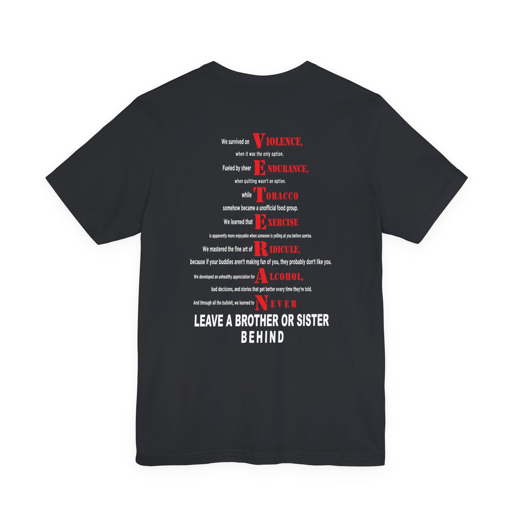 Marine Corps veteran T-shirt in Vintage Black showing the VETERAN acrostic back print