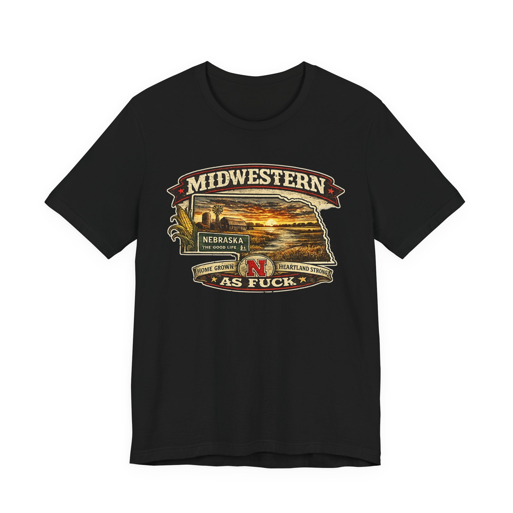 Black Nebraska As Fuck T-shirt laid flat with the full-colour Cornhusker State graphic