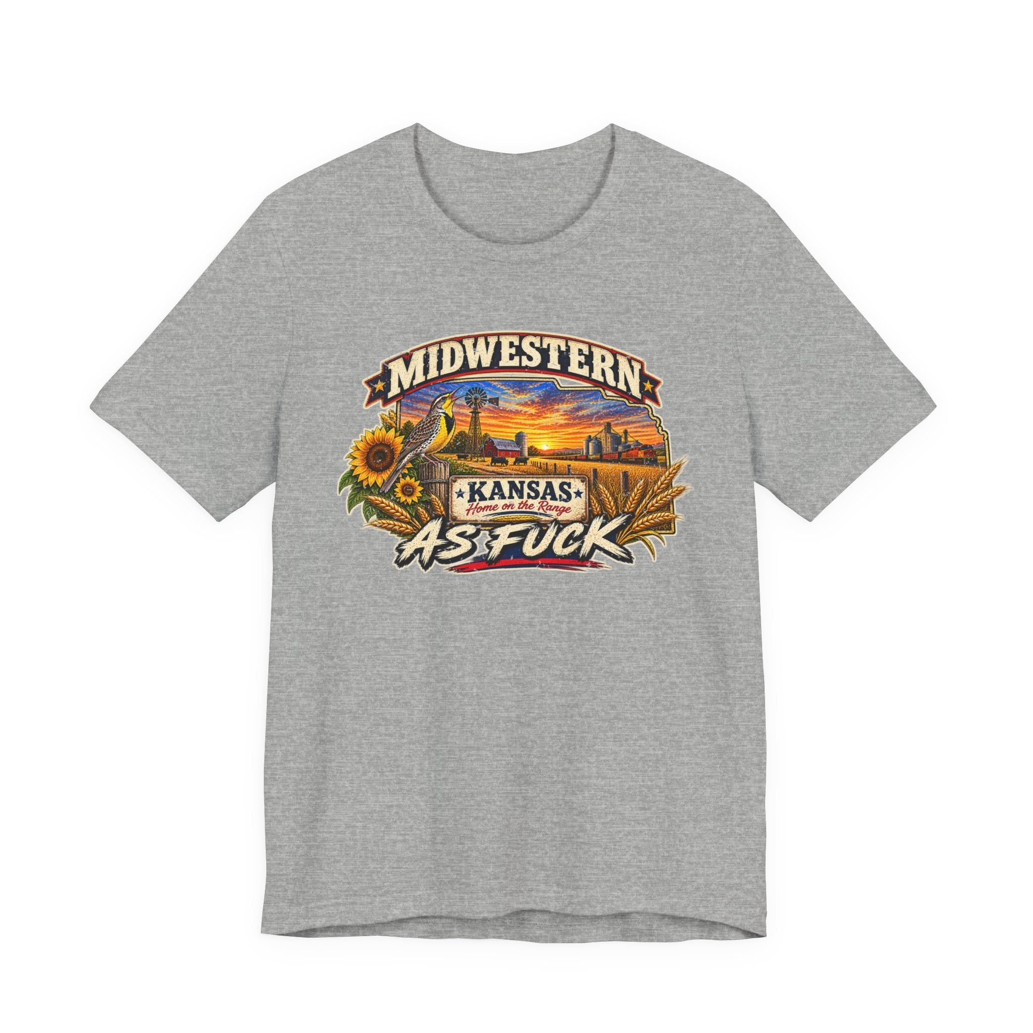 Athletic heather Kansas As Fuck tee laid flat showing the Home on the Range sign