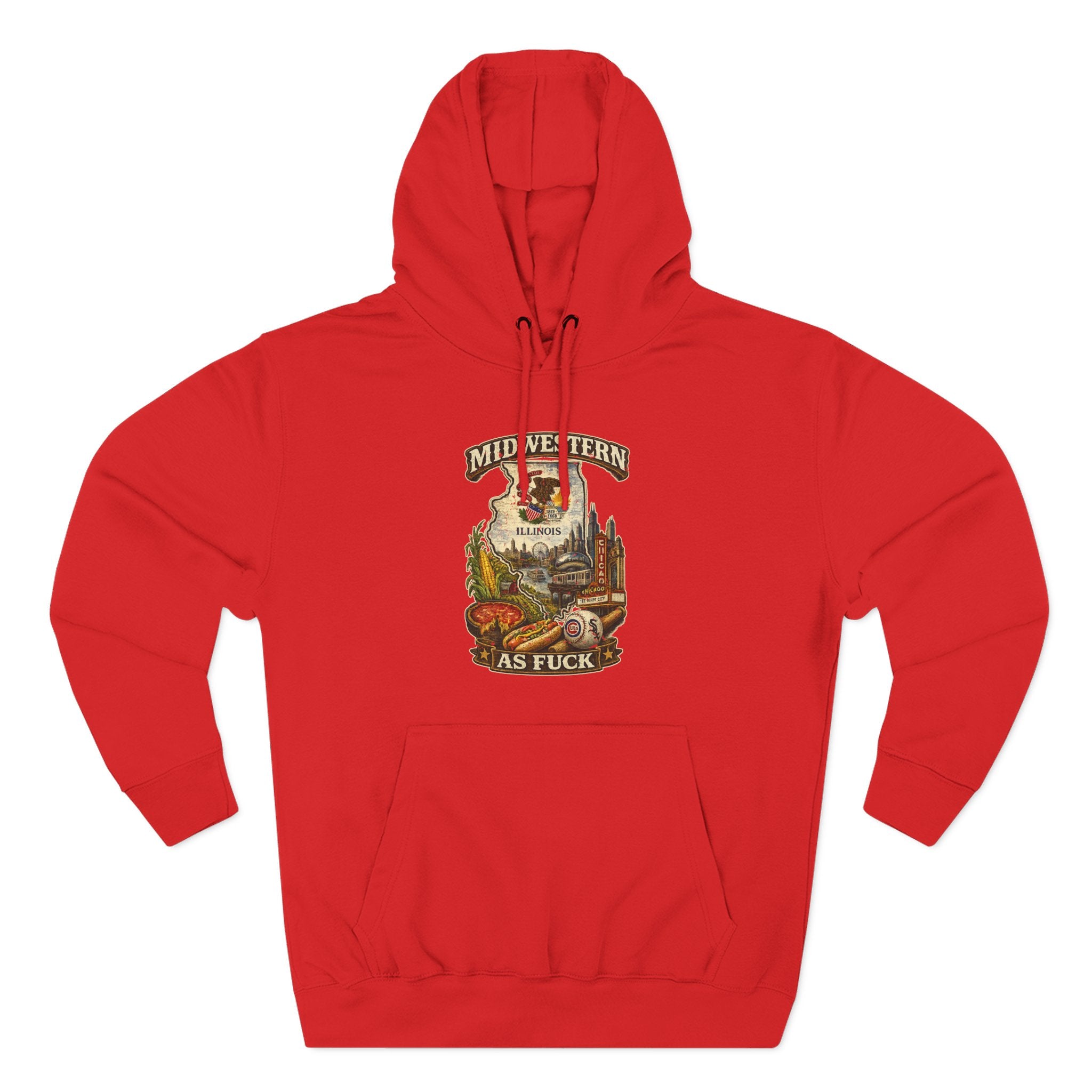 Midwestern As Fuck Illinois Hoodie in Red – a distressed vintage design featuring the Illinois state outline overlaid with the state flag, surrounded by the Chicago skyline, the Chicago Theatre sign, The Bean, deep-dish pizza, a Chicago-style hot dog, and towering corn fields