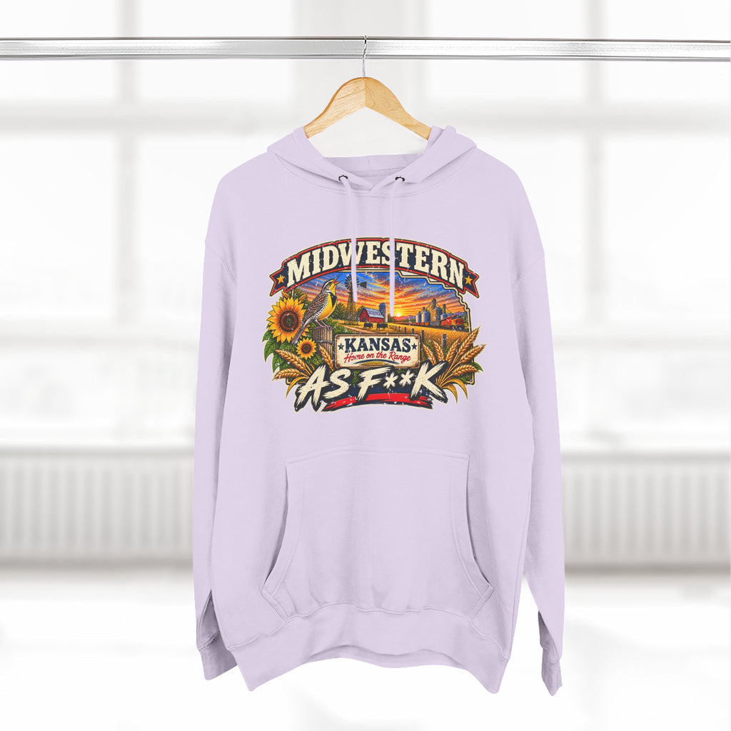 Lilac Kansas As F**K hoodie on a wooden hanger with the Sunflower State badge