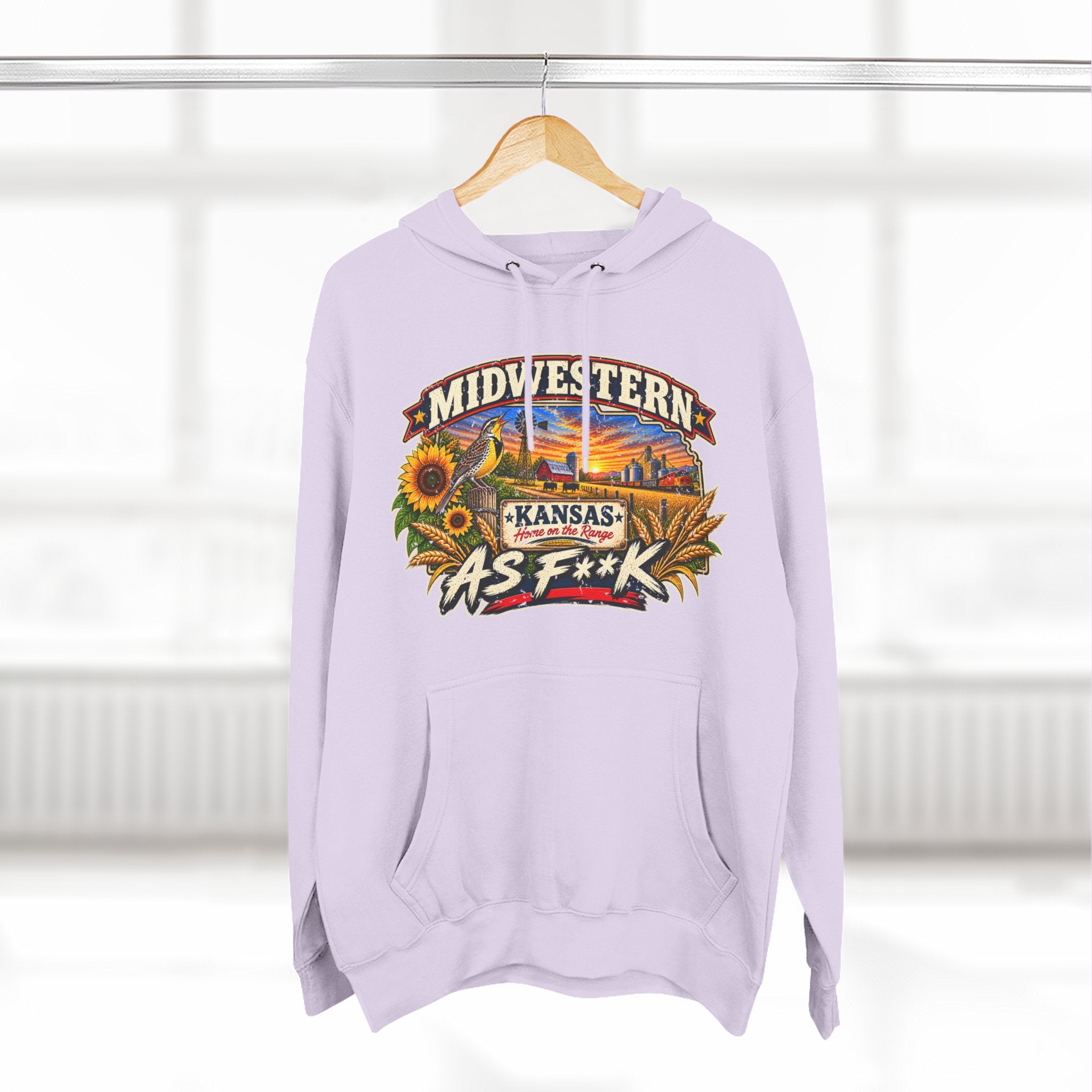 Lilac Kansas As F**K hoodie on a wooden hanger with the Sunflower State badge