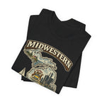 Midwestern As Fuck Michigan T-Shirt – product photo 7 featuring a distressed vintage design featuring Michigan's Upper and Lower Peninsulas overlaid with the state outline, surrounded by Detroit's skyline, Woodward Avenue, the Great Lakes, and Traverse City cherries
