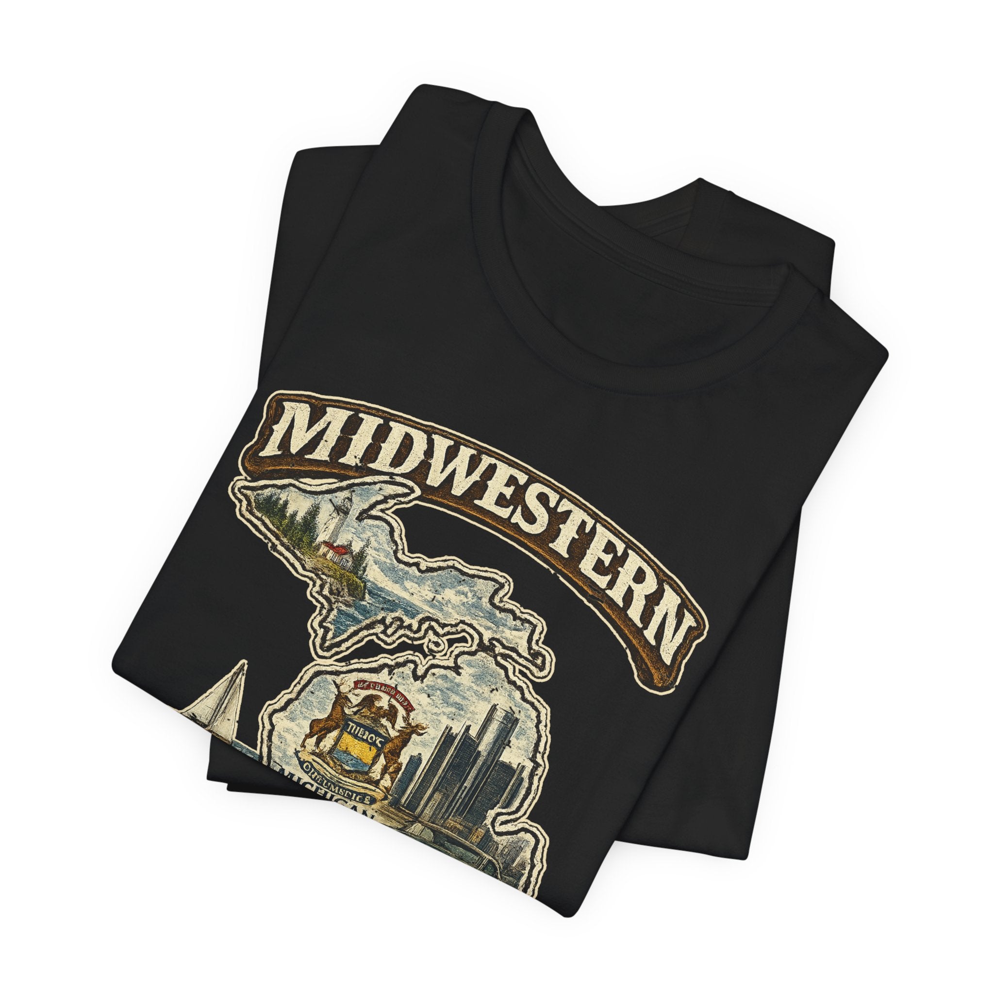 Midwestern As Fuck Michigan T-Shirt – product photo 7 featuring a distressed vintage design featuring Michigan's Upper and Lower Peninsulas overlaid with the state outline, surrounded by Detroit's skyline, Woodward Avenue, the Great Lakes, and Traverse City cherries