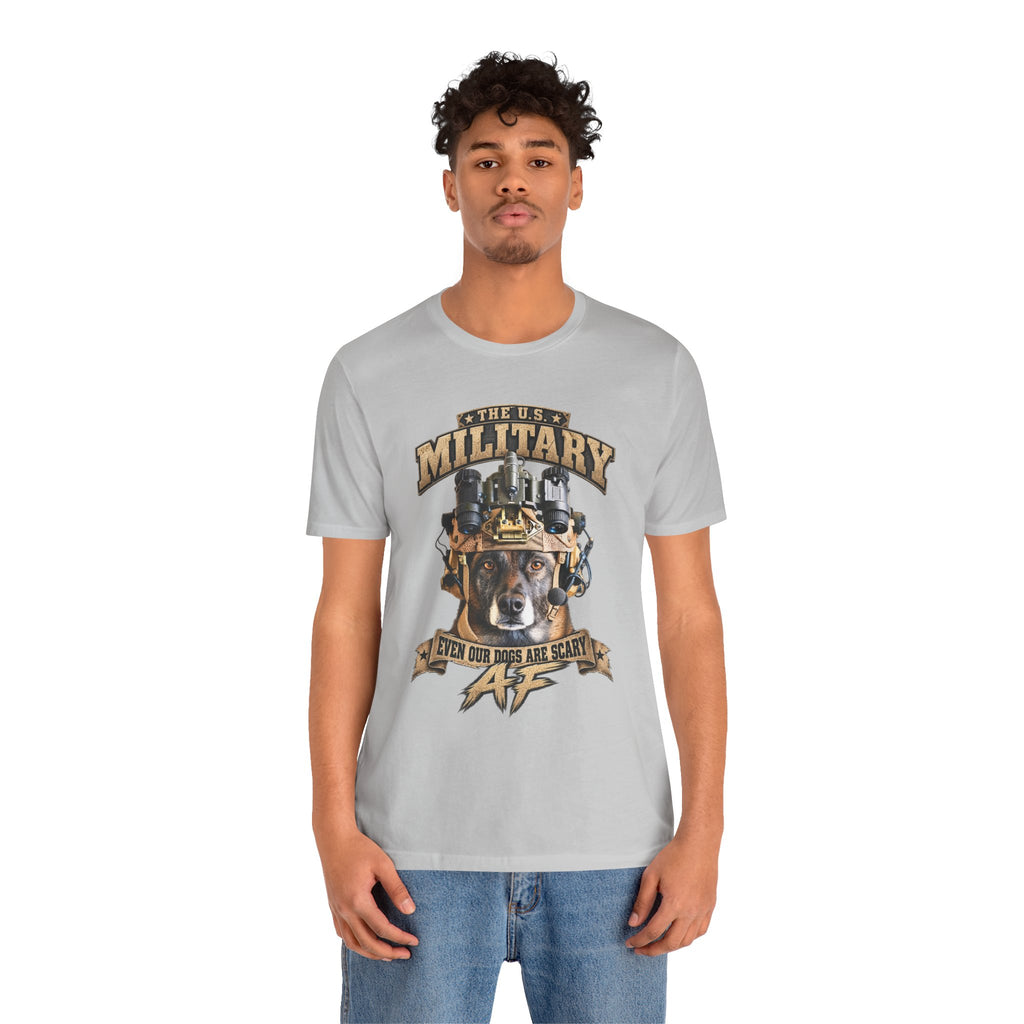 Man wearing the Military K-9 T-shirt in Solid Athletic Grey with jeans