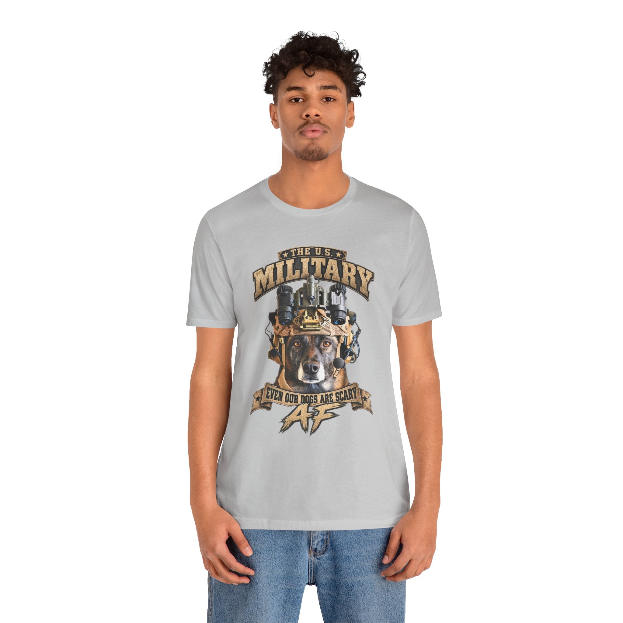 Man wearing the Military K-9 T-shirt in Solid Athletic Grey with jeans