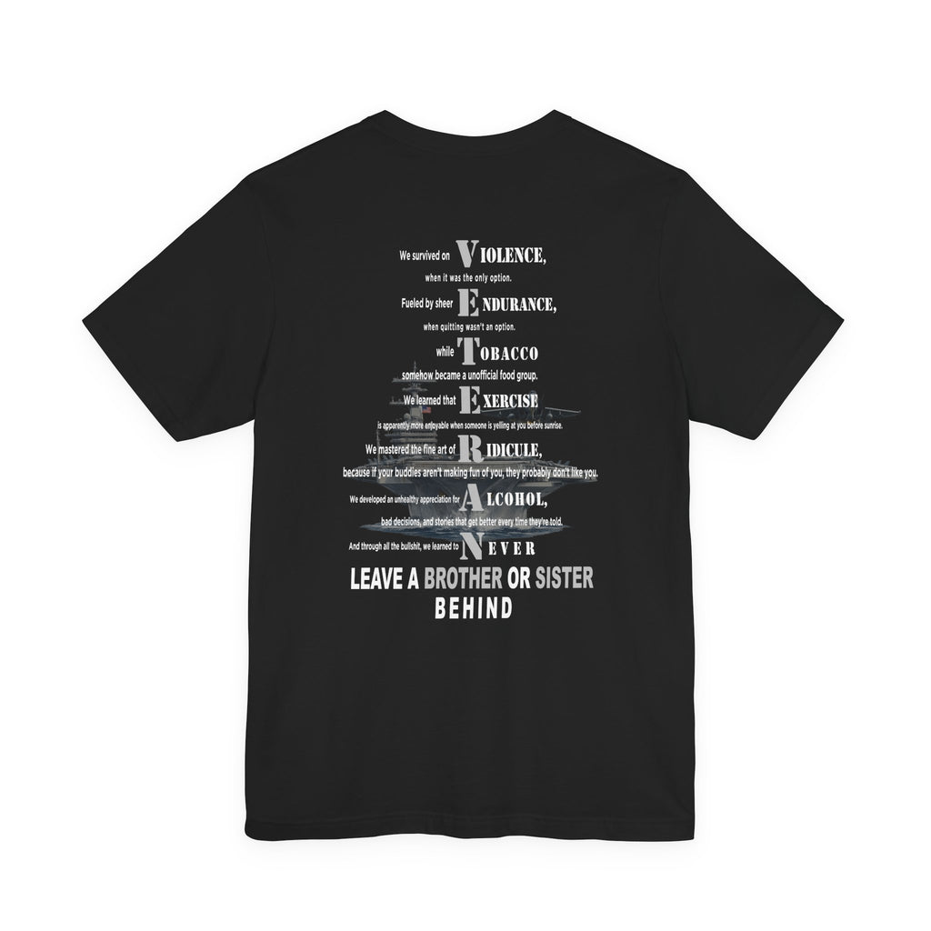 Navy veteran tee in Black with the VETERAN acrostic back print over a faded aircraft carrier