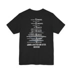 Navy veteran tee in Black with the VETERAN acrostic back print over a faded aircraft carrier