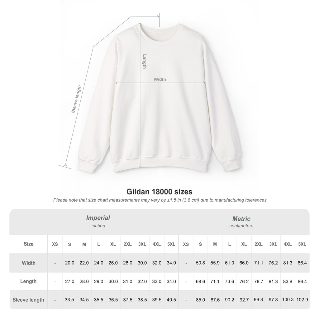 Gildan 18000 size chart with width, length and sleeve measurements in inches and centimetres