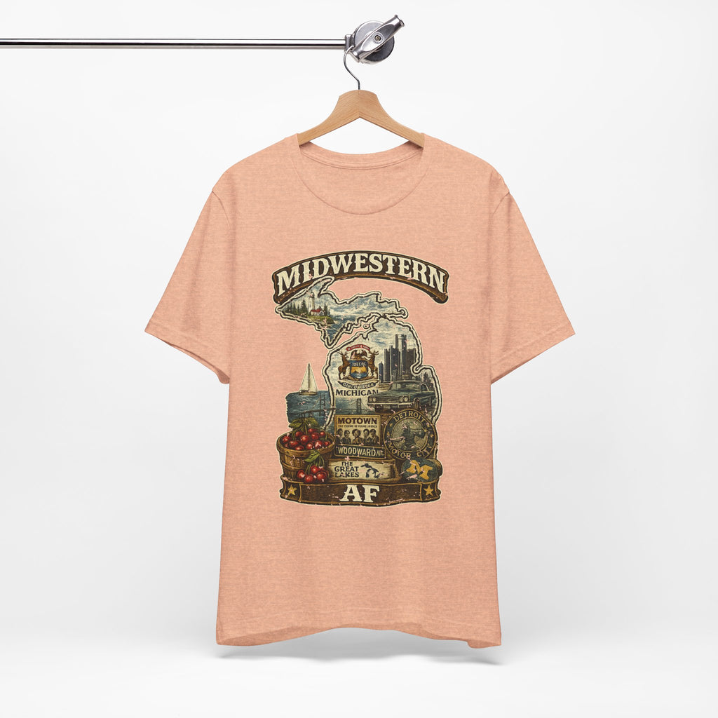 Family Friendly Midwestern AF Michigan T-Shirt – product photo 9 featuring a distressed vintage design featuring Michigan's Upper and Lower Peninsulas overlaid with the state outline, surrounded by Detroit's skyline, Woodward Avenue, the Great Lakes, and Traverse City cherries