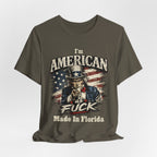 Army green t-shirt laid flat with soft wrinkles, showing the Uncle Sam graphic and text below