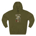 Family Friendly Midwestern AF Michigan Hoodie in Army Green – a distressed vintage design featuring Michigan's Upper and Lower Peninsulas overlaid with the state outline, surrounded by Detroit's skyline, Woodward Avenue, the Great Lakes, and Traverse City cherries