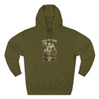 Family Friendly Midwestern AF Michigan Hoodie in Army Green – a distressed vintage design featuring Michigan's Upper and Lower Peninsulas overlaid with the state outline, surrounded by Detroit's skyline, Woodward Avenue, the Great Lakes, and Traverse City cherries