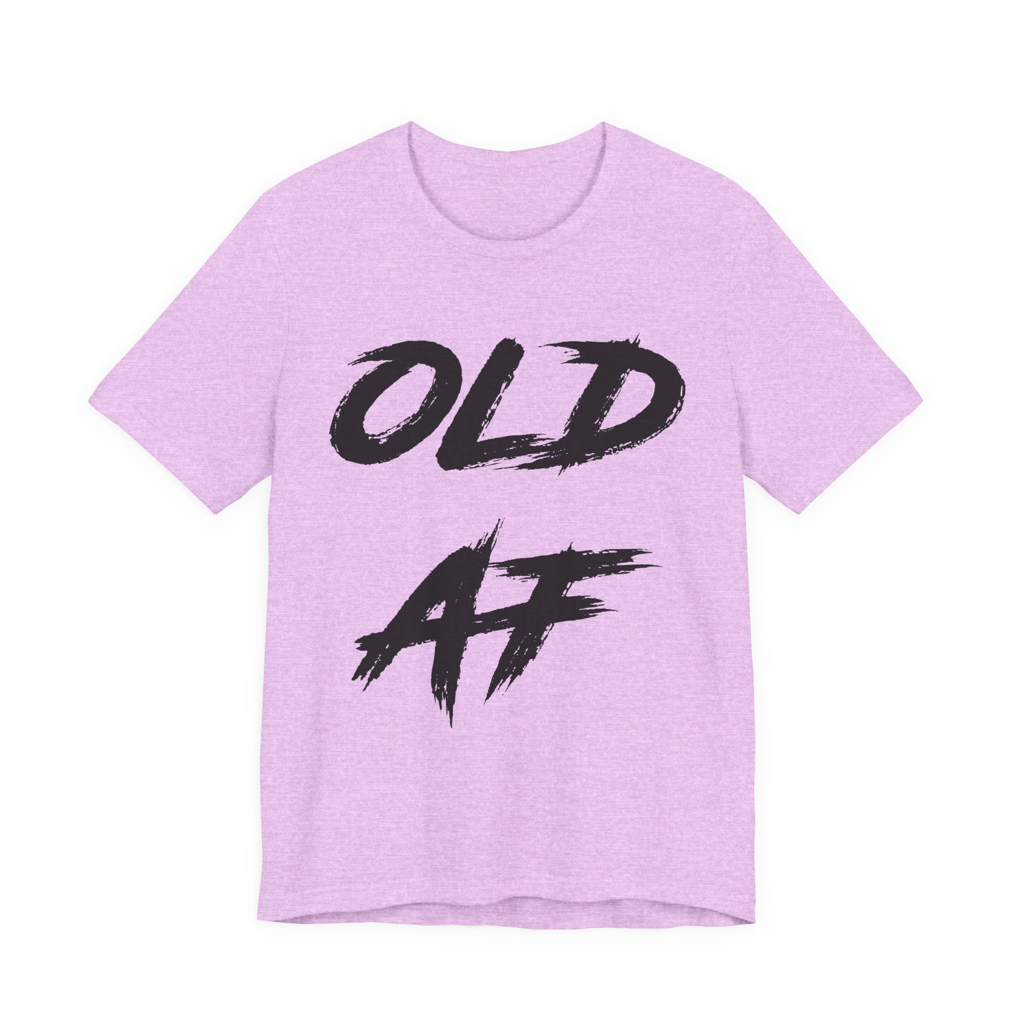 Heather Prism Lilac tee laid flat customized to read OLD AF in black brush lettering