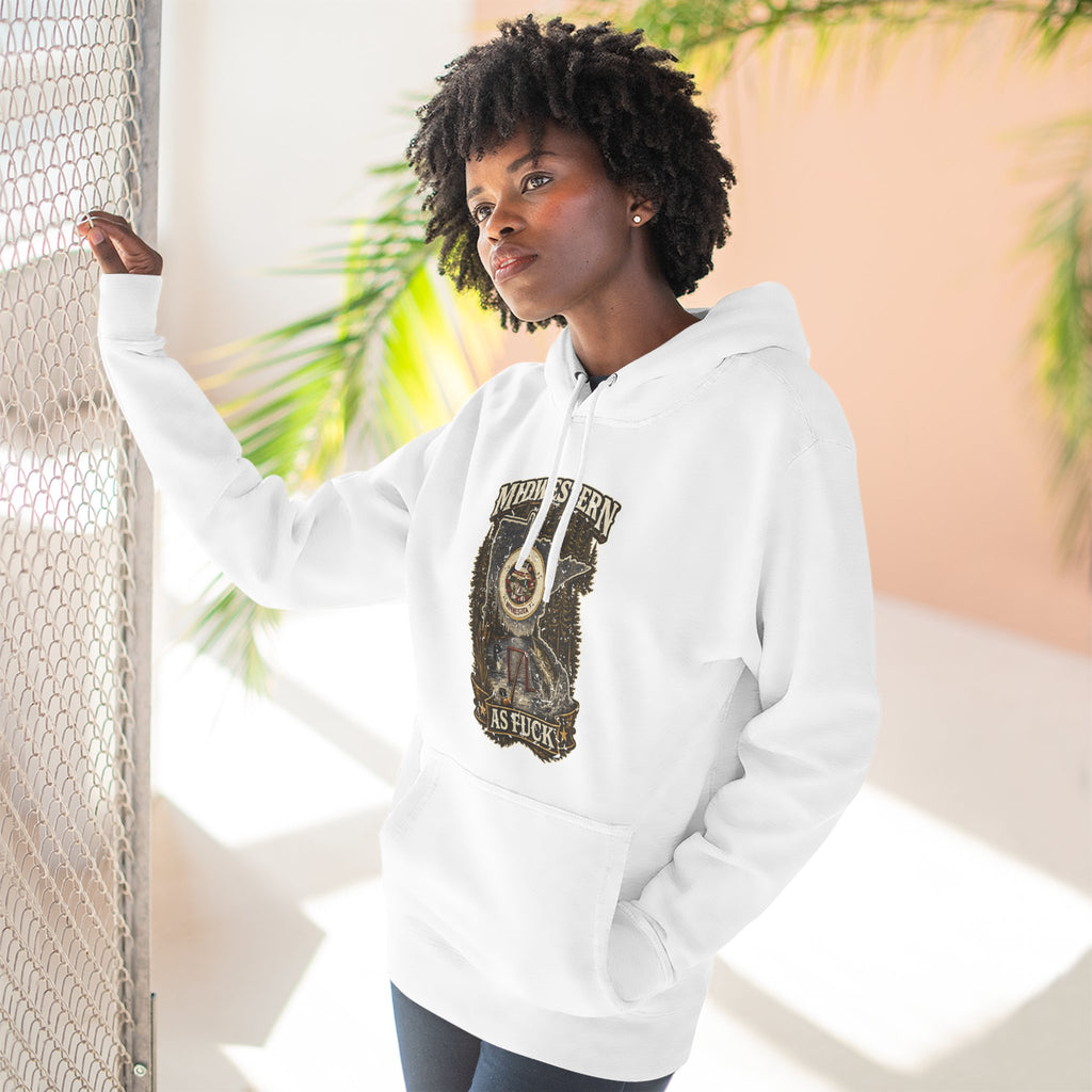 No Filter Midwestern As Fuck Minnesota Hoodie – product photo 2 featuring the distressed state flag, pine trees, loon and walleye design