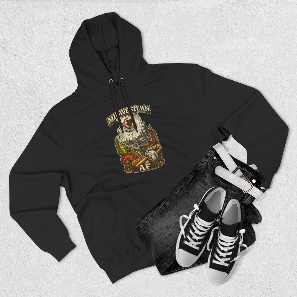Family Friendly Midwestern AF Illinois Hoodie – product photo 9 featuring a distressed vintage design featuring the Illinois state outline overlaid with the state flag, surrounded by the Chicago skyline, the Chicago Theatre sign, The Bean, deep-dish pizza, a Chicago-style hot dog, and towering corn fields