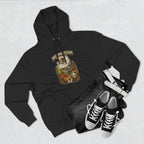 Family Friendly Midwestern AF Illinois Hoodie – product photo 9 featuring a distressed vintage design featuring the Illinois state outline overlaid with the state flag, surrounded by the Chicago skyline, the Chicago Theatre sign, The Bean, deep-dish pizza, a Chicago-style hot dog, and towering corn fields
