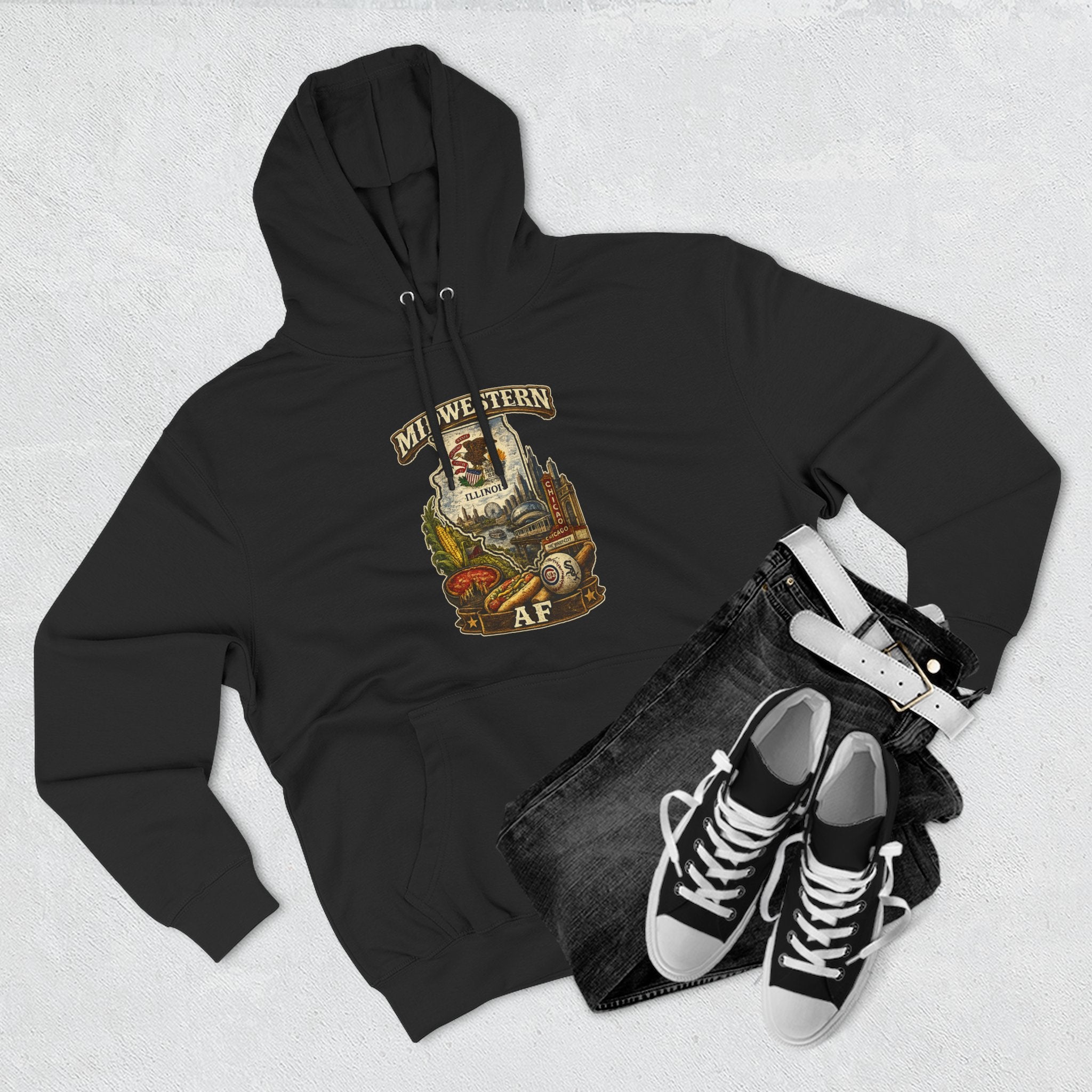 Family Friendly Midwestern AF Illinois Hoodie – product photo 9 featuring a distressed vintage design featuring the Illinois state outline overlaid with the state flag, surrounded by the Chicago skyline, the Chicago Theatre sign, The Bean, deep-dish pizza, a Chicago-style hot dog, and towering corn fields