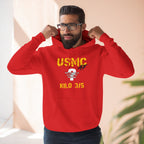 Man wearing the Personalized USMC Marine Corps AF hoodie in Red, pulling up the hood