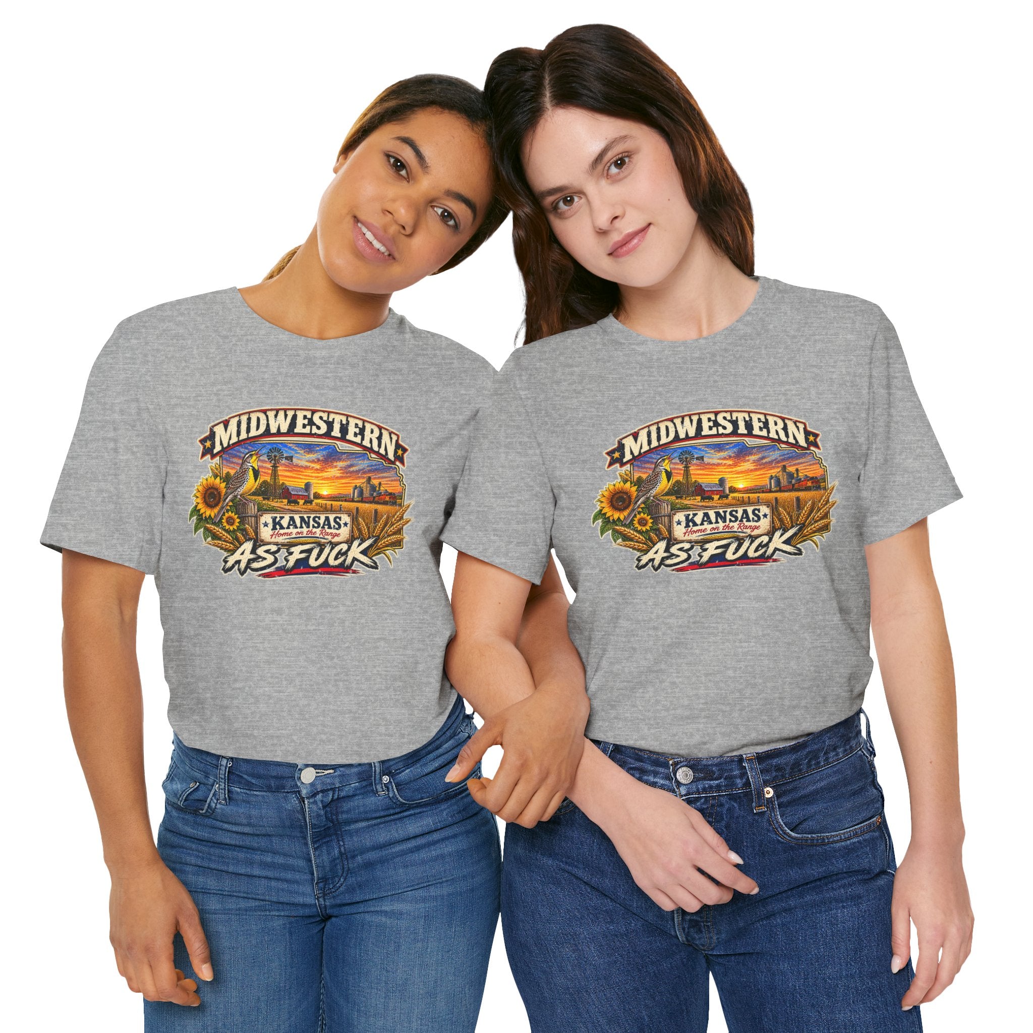 Two women in athletic heather Kansas As Fuck tees, front graphic on show