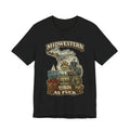 Midwestern As Fuck Michigan T-Shirt in Black – a distressed vintage design featuring Michigan's Upper and Lower Peninsulas overlaid with the state outline, surrounded by Detroit's skyline, Woodward Avenue, the Great Lakes, and Traverse City cherries