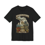Midwestern As Fuck Michigan T-Shirt in Black – a distressed vintage design featuring Michigan's Upper and Lower Peninsulas overlaid with the state outline, surrounded by Detroit's skyline, Woodward Avenue, the Great Lakes, and Traverse City cherries