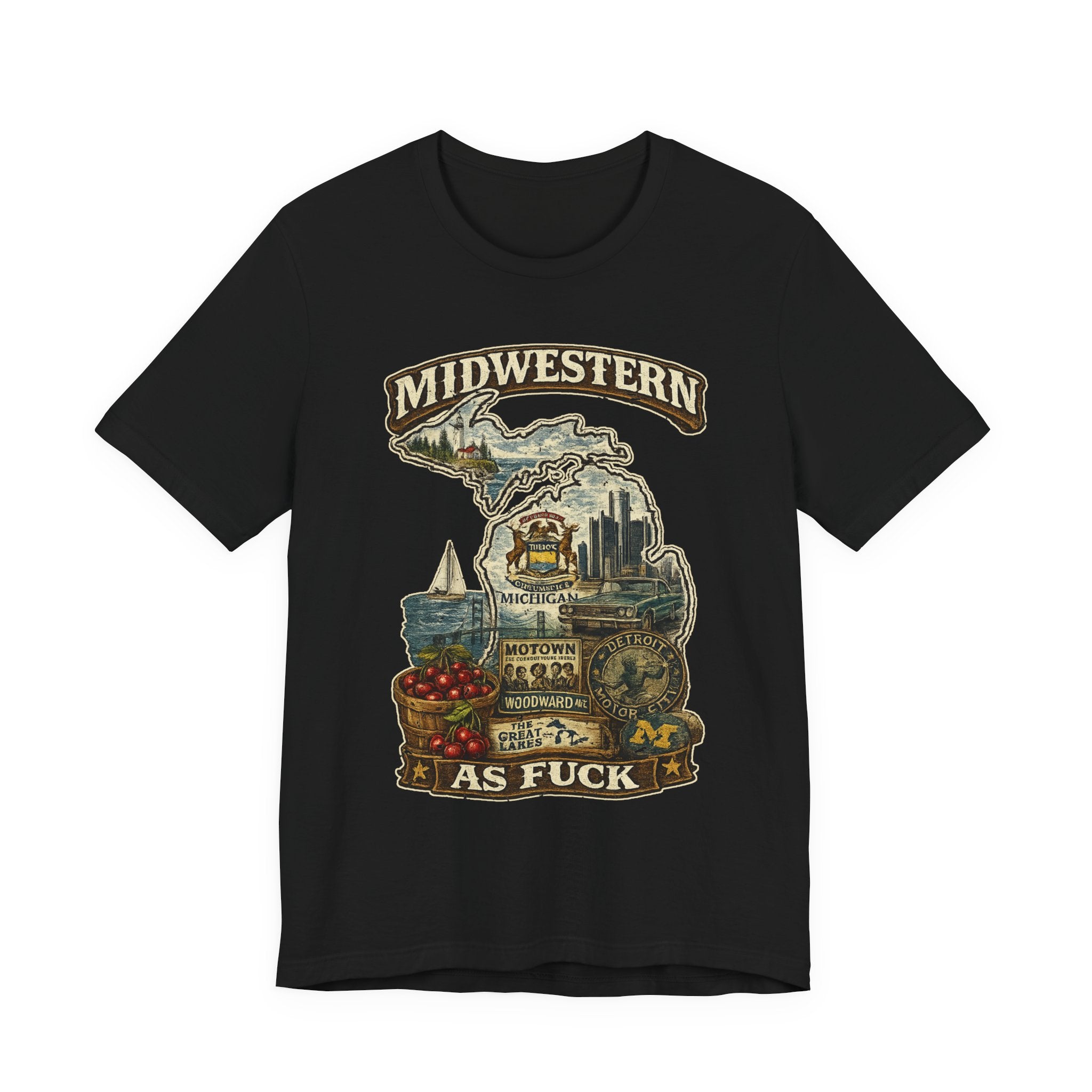 Midwestern As Fuck Michigan T-Shirt in Black – a distressed vintage design featuring Michigan's Upper and Lower Peninsulas overlaid with the state outline, surrounded by Detroit's skyline, Woodward Avenue, the Great Lakes, and Traverse City cherries