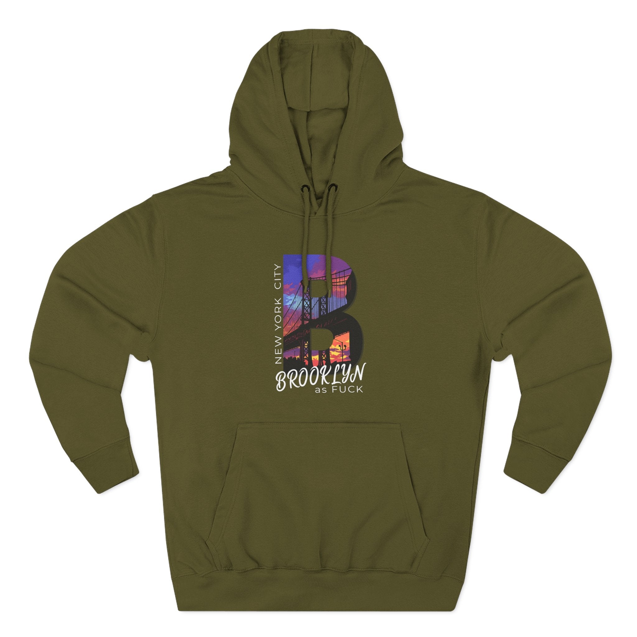 Army green hoodie, flat lay, front view, with a colorful Brooklyn "B" bridge and skyline graphic on the chest.