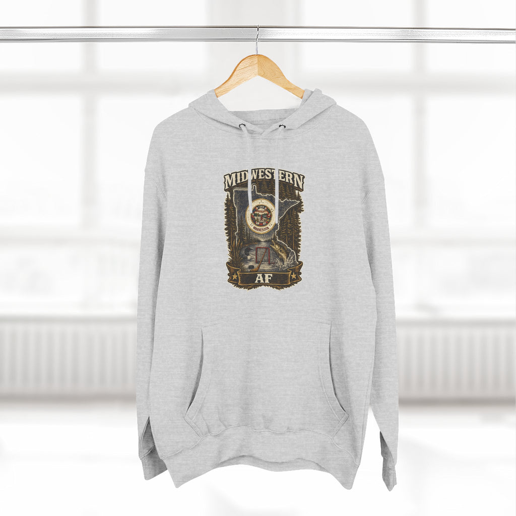 Family Friendly Midwestern AF Minnesota Hoodie – product photo 15 featuring the distressed state flag, pine trees, loon and walleye design