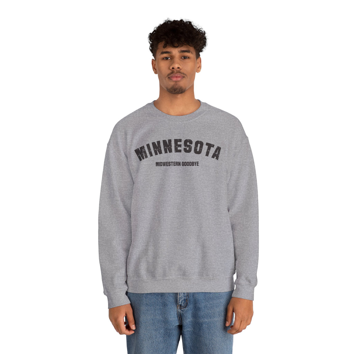 Man wearing the sport grey Minnesota sweatshirt, varsity MINNESOTA over the phrase MIDWESTERN GOODBYE