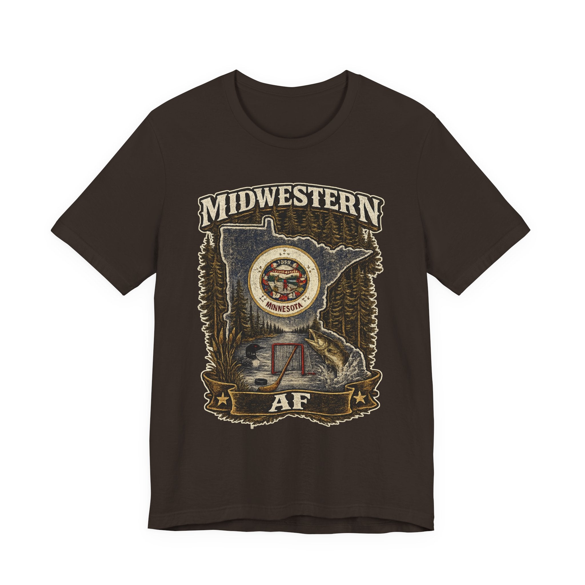 Family Friendly Midwestern AF Minnesota T-Shirt in Brown – distressed Minnesota state flag design with pine trees, loon and walleye
