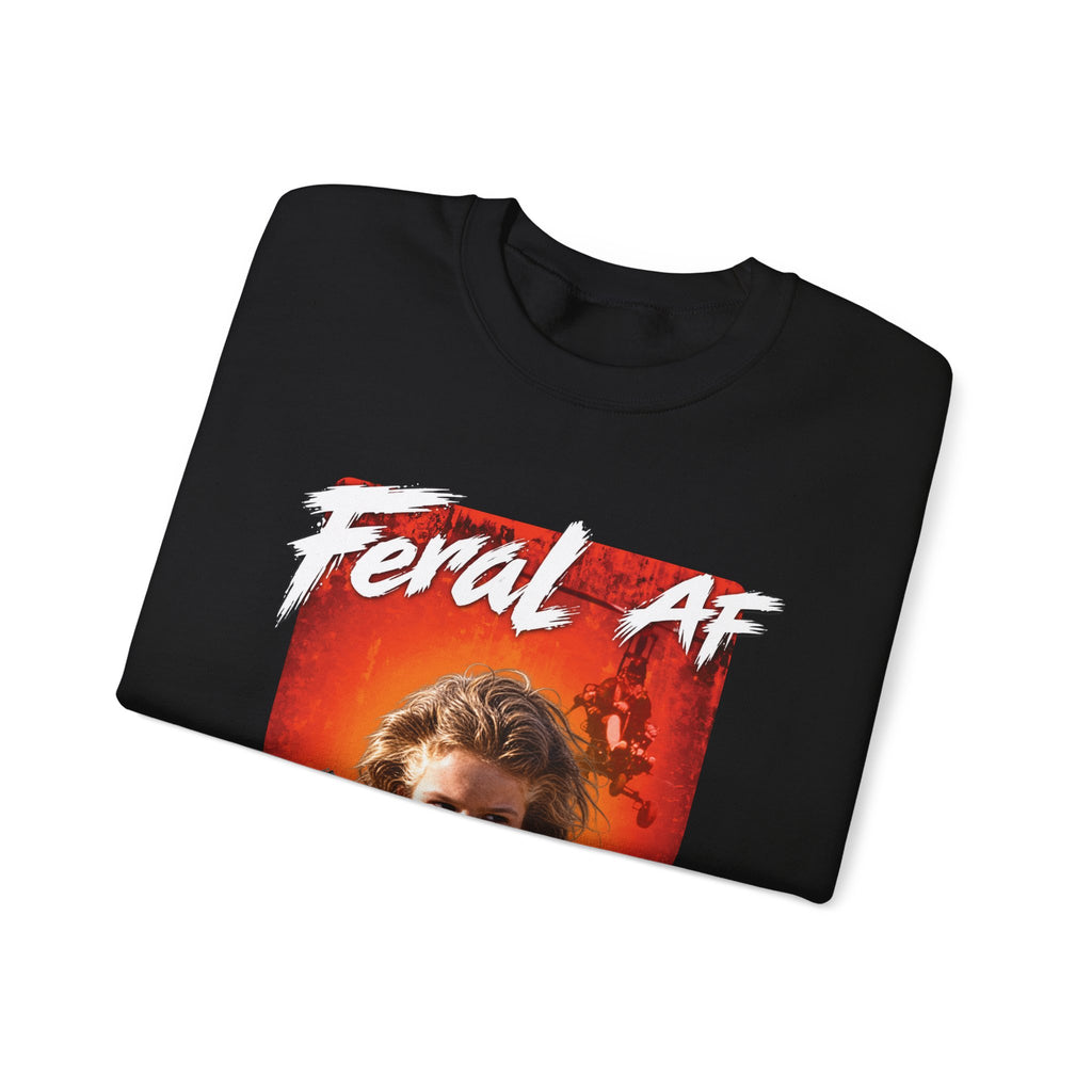 Black Feral AF crewneck folded with the wasteland graphic displayed across the front